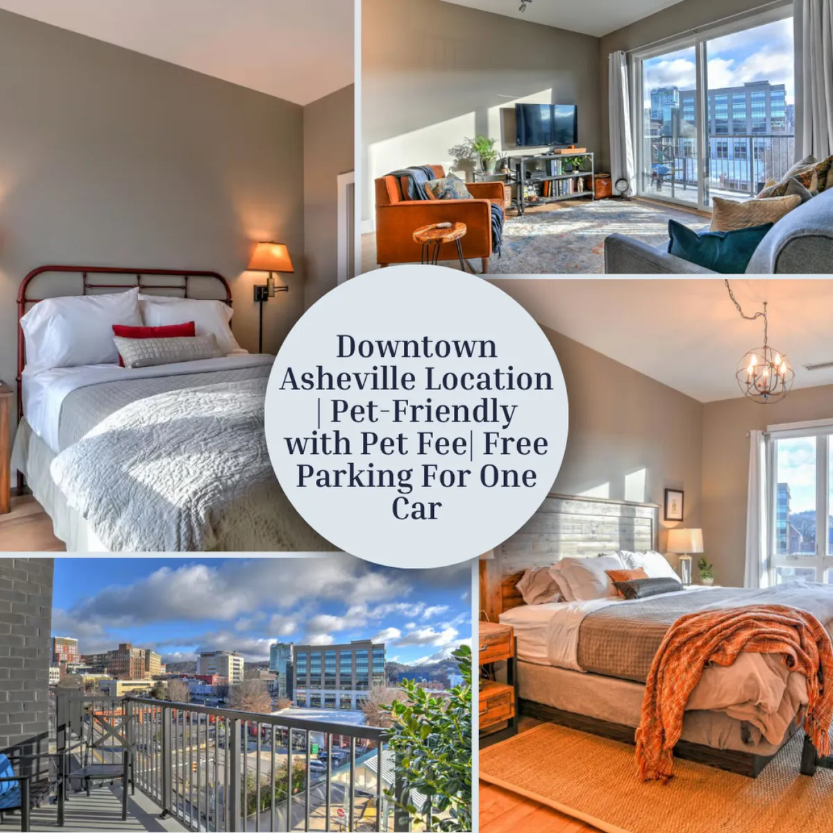 The image showcases a sunlit, inviting living and bedroom area with a plush bed, modern seating, expansive windows, and a balcony offering scenic views—perfect for relaxing, entertaining, or enjoying Asheville’s vibrant downtown vibe. The cozy, pet-friendly atmosphere is evident in the thoughtfully designed space, ideal for unwinding or spending time with loved ones.